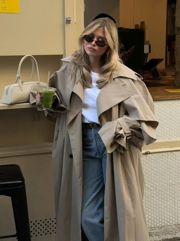 Khaki Lace Up Cape Trench Coat Loose Solid Full Sleeve Lapel Windbreaker 2026 Autumn New Fashion Commute Casual Daily Coats