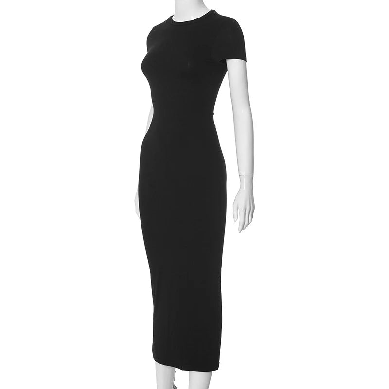2025 Women Solid Color Slim Short Sleeve Casual Pullover Sumer Long Dress Skinny Sexy Daily Dress