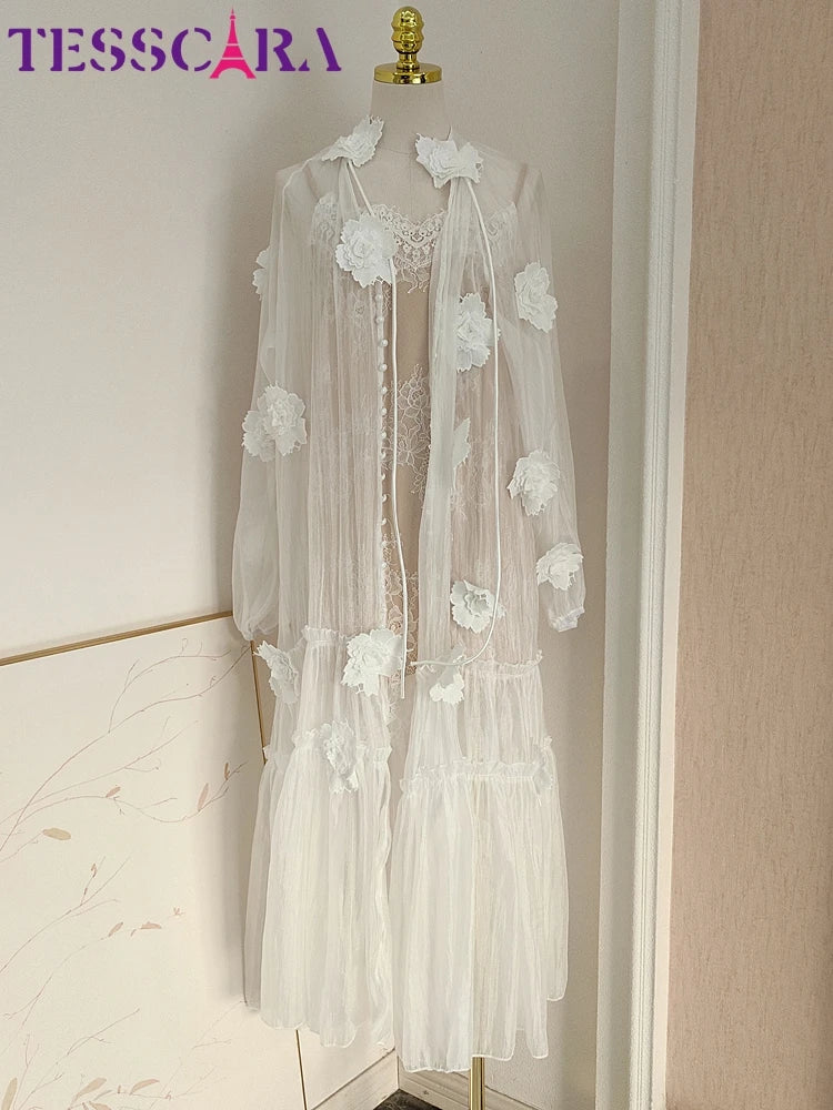 TESSCARA Women Elegant Appliques White Dress High Quality Long Luxury Wedding Cocktail Party Robe Vintage Designer Mesh Vestidos