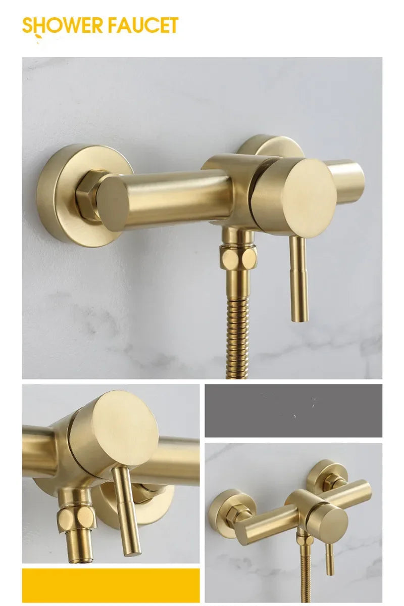 Brushed Gold Bathroom Shower Faucet Set Wall Mounted  ,  Cold and Hot Bath and  Mixer Taps Brass