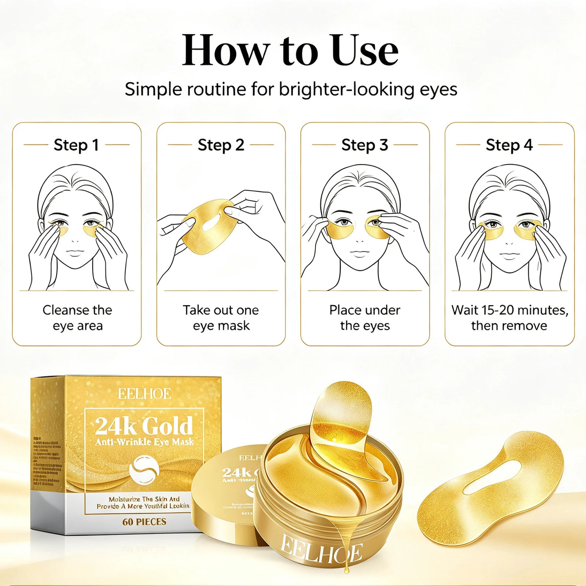60Pcs 24K Gold Anti‑Wrinkle Eye Mask Collagen Hyaluronic Acid Eye Patches Moisturizing Brighten Dark Circles Firming Under‑Eye