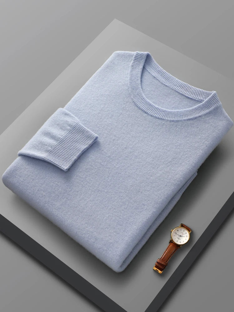 Autumn Winter Men O-neck 100% Merino Wool Pullover Cashmere Sweater Basic Casual Bottom Business Knitwear Soft Warm Clothing