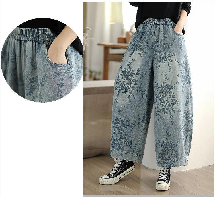 Spring Summer Retro Printed Denim Pants for Women Good Quality Elastic Waist Jeans Loose Casual Wide Leg Straight Trouser