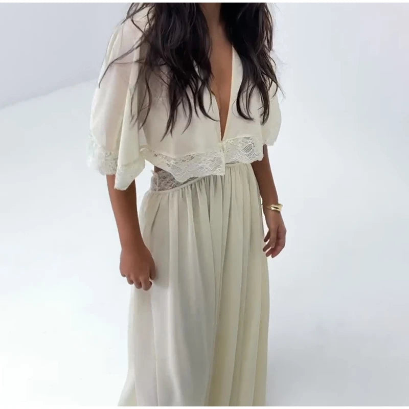 Lightweight Chiffon V-Neck Lace Insert Waist Maxi Dress Cutout Puff Sleeve 2026 Summer Women Party Dress Trendy Chic Lady Outfit