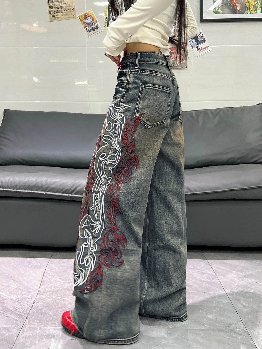 Women Spring Autumn Mid Waist Wide Leg Y2K Streetwear Jeans Side Totem Embroidery Washed Denim Daily Street Pants