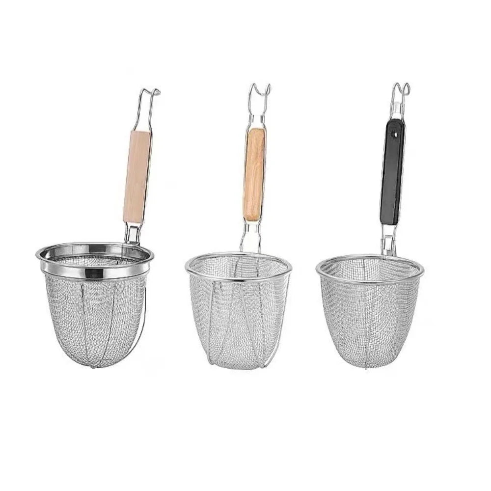 Durable Stainless Steel Noodle Funnel Wooden Handle Pasta Basket Strainer Multifunctional Fine Mesh Sieve Spoon Kitchen Gadgets