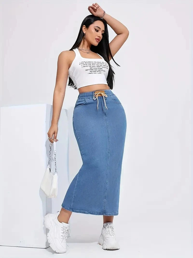 Women's long denim skirt with elastic waist, drawstring, logo patch, slit at the side, A-shaped hip-hugging skirt