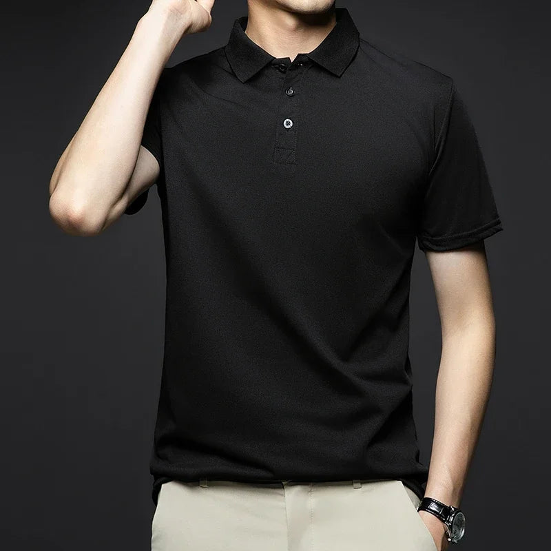 Men's Fashion Solid Short Sleeved Striped Lapel Polo Shirt Summer Breathable Comfortable Top