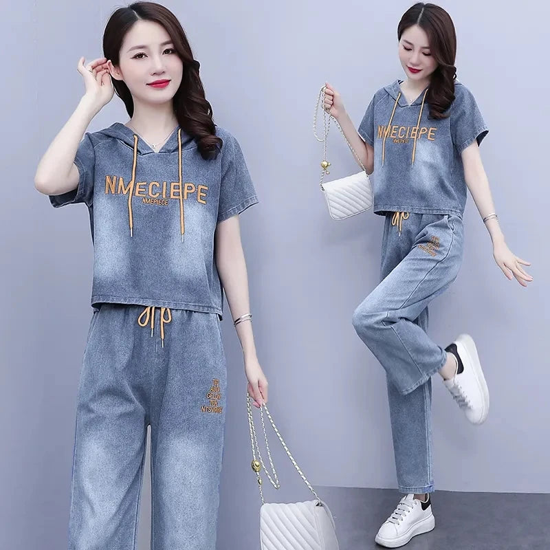 Summer Thin Jeans Set Women Fashion Short Sleeve Hooded Pullover Tops + Elastic Waist Wide Leg Pants 2PCS Female Denim Outfit
