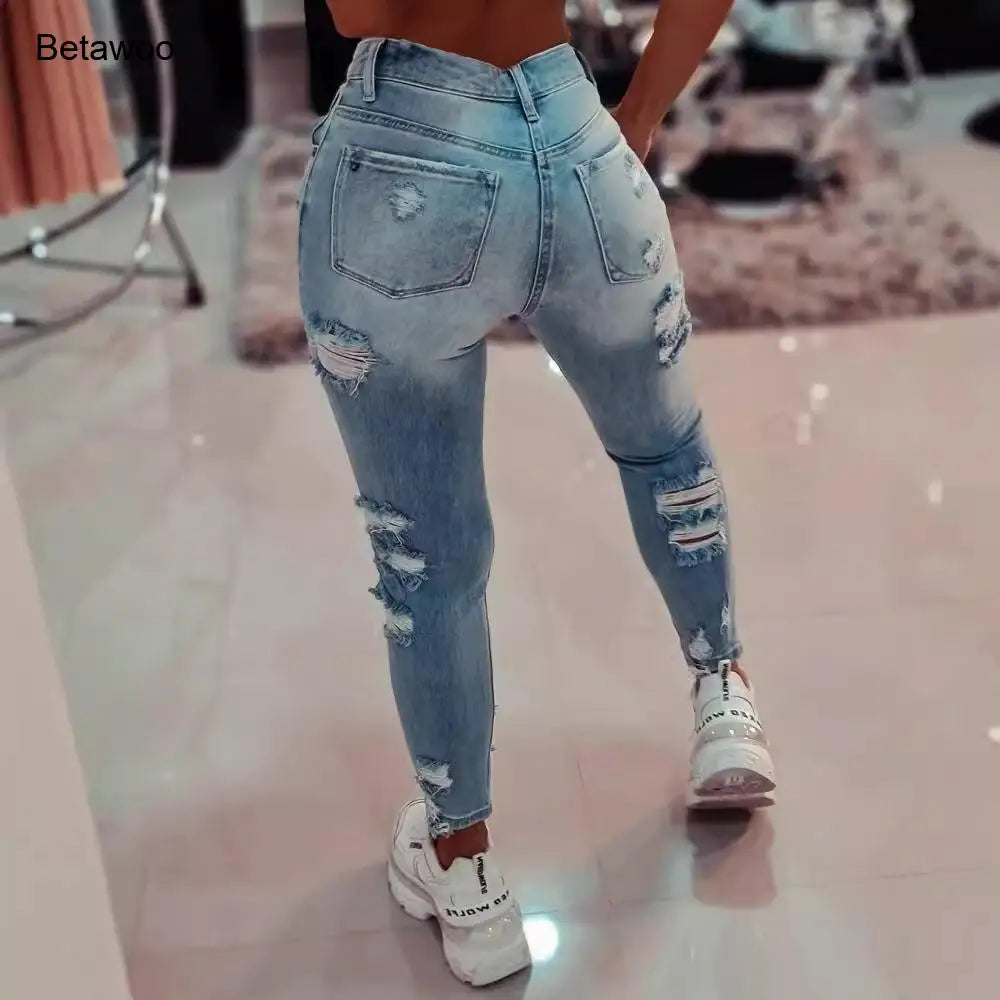 Women Light Wash High Waist Skinny Jeans with Heavy Distressed Ripped Design Casual Streetwear Denim Pants