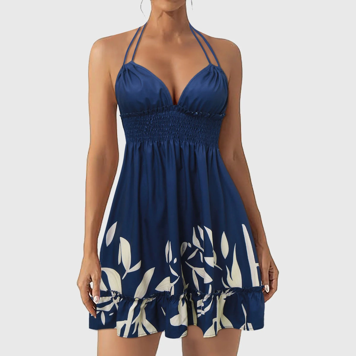 Womens Halter Neck Mini Dress Deep V Neck Smocked Waist Ruffled Hem Flowy A Line Dress Boho Style Beach Vacation Summer Dresses