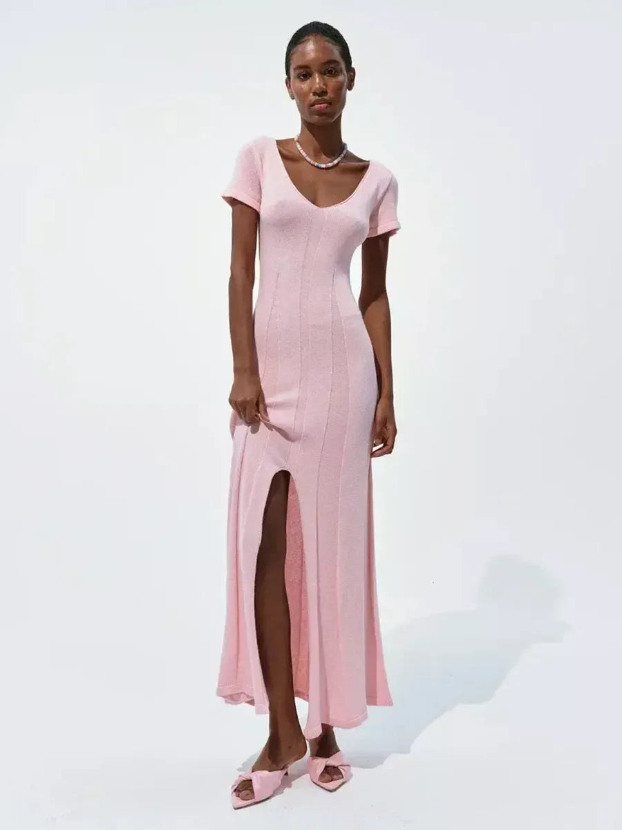 TARUXY Spring Summer Short-Sleeved Knitted Dress Women Solid V-Neck Slit Long Dress Slim Sexy Commuting Leisure Dress Female New