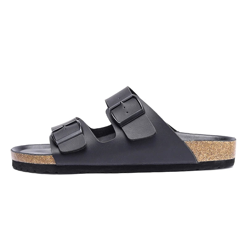 Summer Men Women Cork Slippers Clogs Microfiber Leather Slides Casual Slip On Sandal Double Buckle