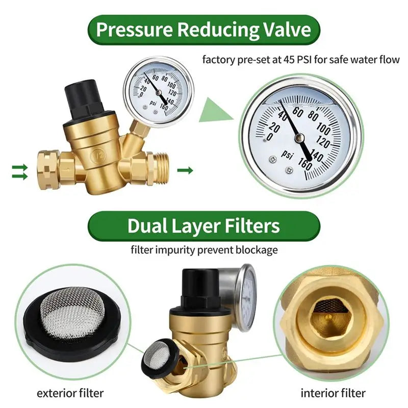 ABMH-1 PCS RV Water Pressure Regulator Valve Adjustable Water Pressure Reducer With Gauge And Inlet Screen Filter, Brass Lead-Fr