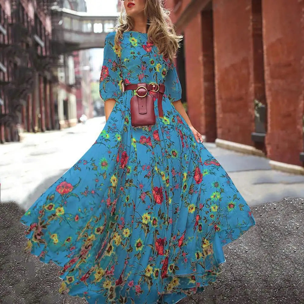 Women Printed Chiffon Dress Elegant Floral Maxi Dress for Women A-line Silhouette with High Waist Half Sleeves for Spring Fall