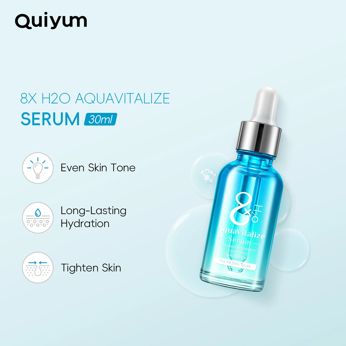 Quiyum 8X H2O AquaVitalize Serum 30ml Long‑Lasting Hydrating Even Skin Tone Refining Daily Facial Essence for All Skin Types