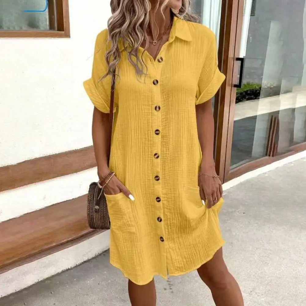 2026 Women's Cotton Linen Dress Casual Button Down V-neck Dress Summer Short Sleeve Beach Sundress Elegant Women Maxi Dress