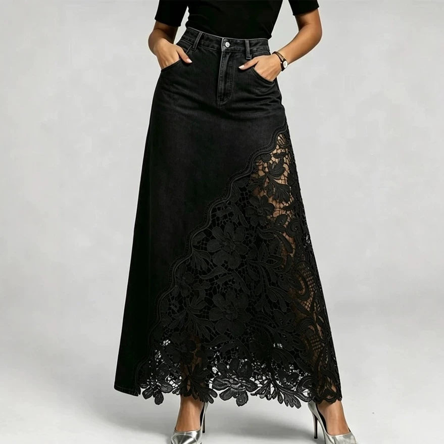 Women Elegant Lace Spliced Denim Skirt High Waist Slim A-line Skirt Washed Denim Wrap Hip Long Skirt All Match Fashion Bottoms