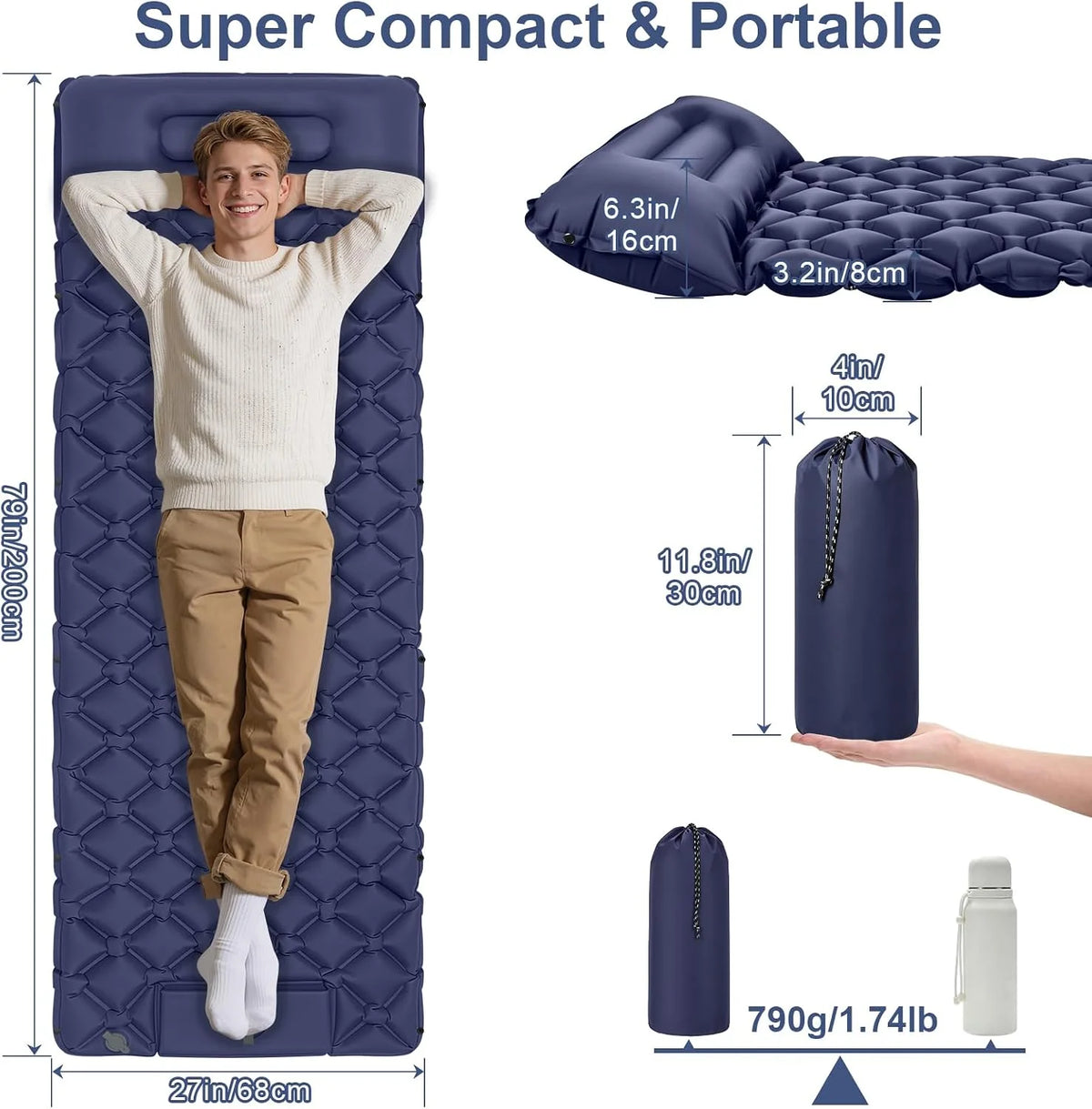 Camping Sleeping Pad, Ultralight Camping Mattress with Pillow Built-in Foot Pump,Self-inflating Sleep Mat