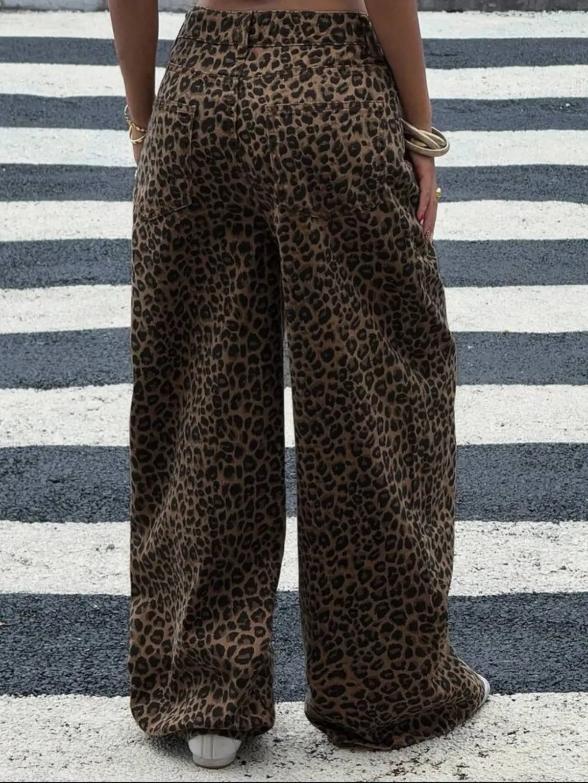 Womens Leopard Print High Waisted Y2K Denim Wide Leg Pants Casual Loose Streetwear Vintage Trousers with Pockets Daily WearK