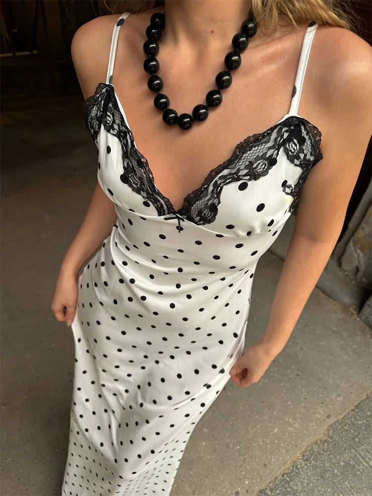 Lace V-Neck Patchwork Maxi Dress Women Backless High Waist Slim Spaghetti Contrast Party Dress Female Spring Long Dress Hot Sale