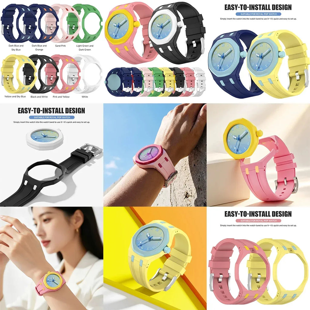 2 IN 1 PC Mod Kit Case Frame +Strap for Swatch AP Royal Pop Modification Integrated Silicone Matte Cover Bumper Band Accessories