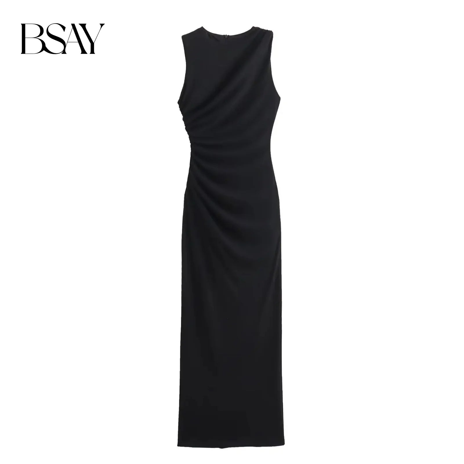 BSAY Women Fashion Summer New White Pleated Back Zip Sleeveless Crewneck Vest Long Dress Chic Female Elegant Evening