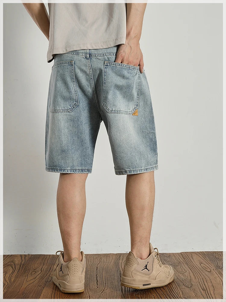 Retro classic summer casual medium pants five quarter pants fashion loose straight leg light denim shorts men's fashion