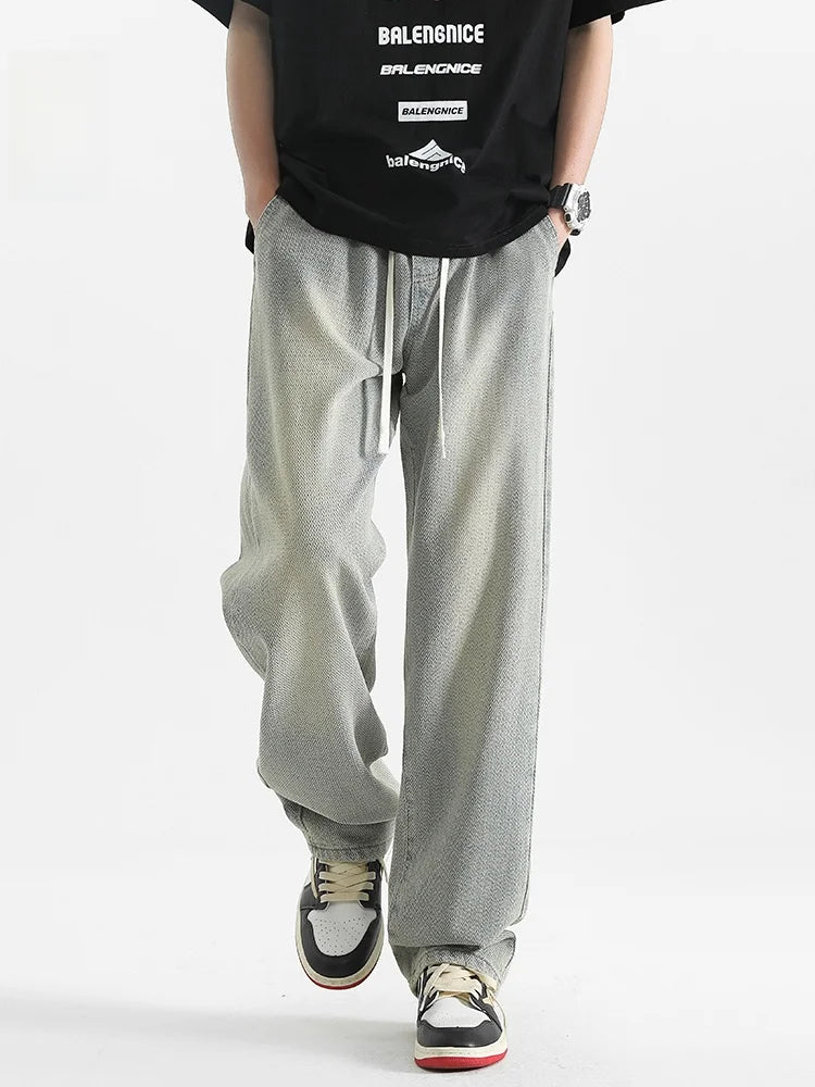 American Retro Dstring Jeans Loose Straight Casual Pants High Street Vibe Wide Leg Summer New Sle for Men Youth Faion
