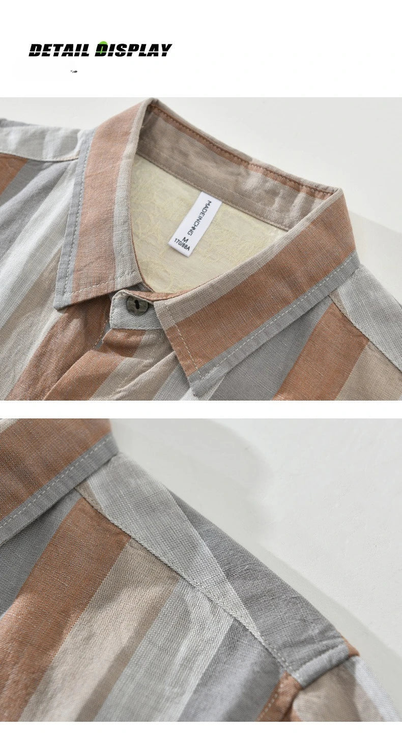 Summer New Linen and Lyocell Cooling Striped Half Sleeve Shirt for Men Casual Turn-down Collar Shirt  EC1292