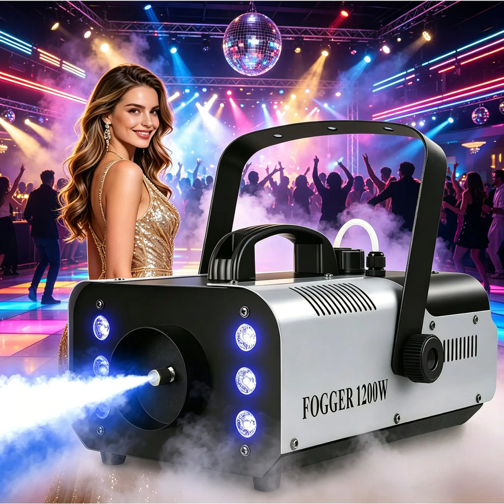1200W Smoke Machine RGB 6LEDs Lighting Fog Machine Remote Control Stage Smoke Haze Generator for Disco Party Nightclub Wedding