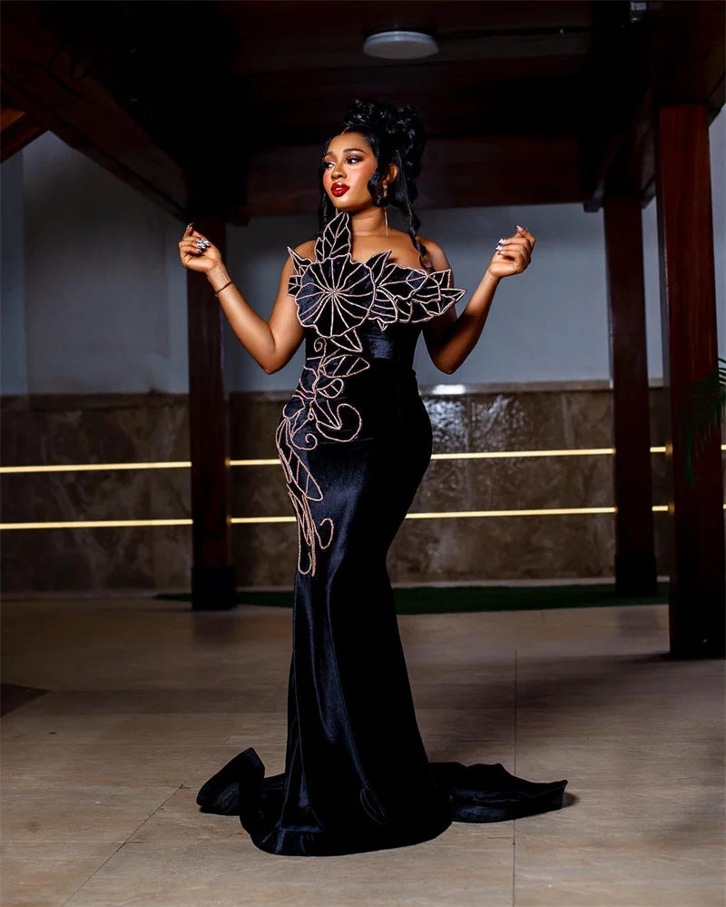 2024 Black Velvet Mermaid Bespoke Occasion Dresses Long African Women Elegant Evening Gowns Custom Made Beaded Prom Party Dress