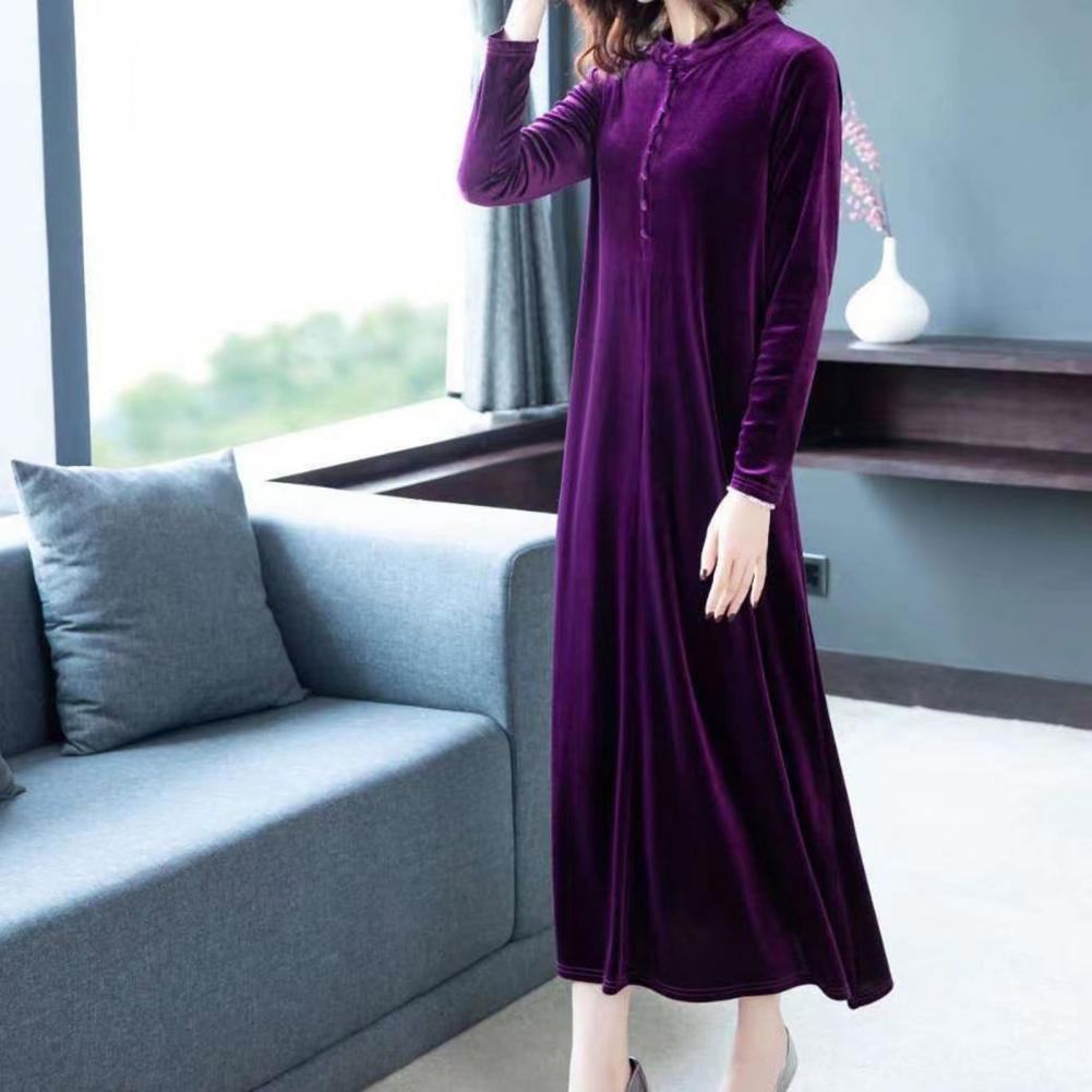Women Fall Dress Solid Color Loose Long Sleeves Button Maxi Dress Keep Warm Velvet Mom Spring Dress Women Clothes