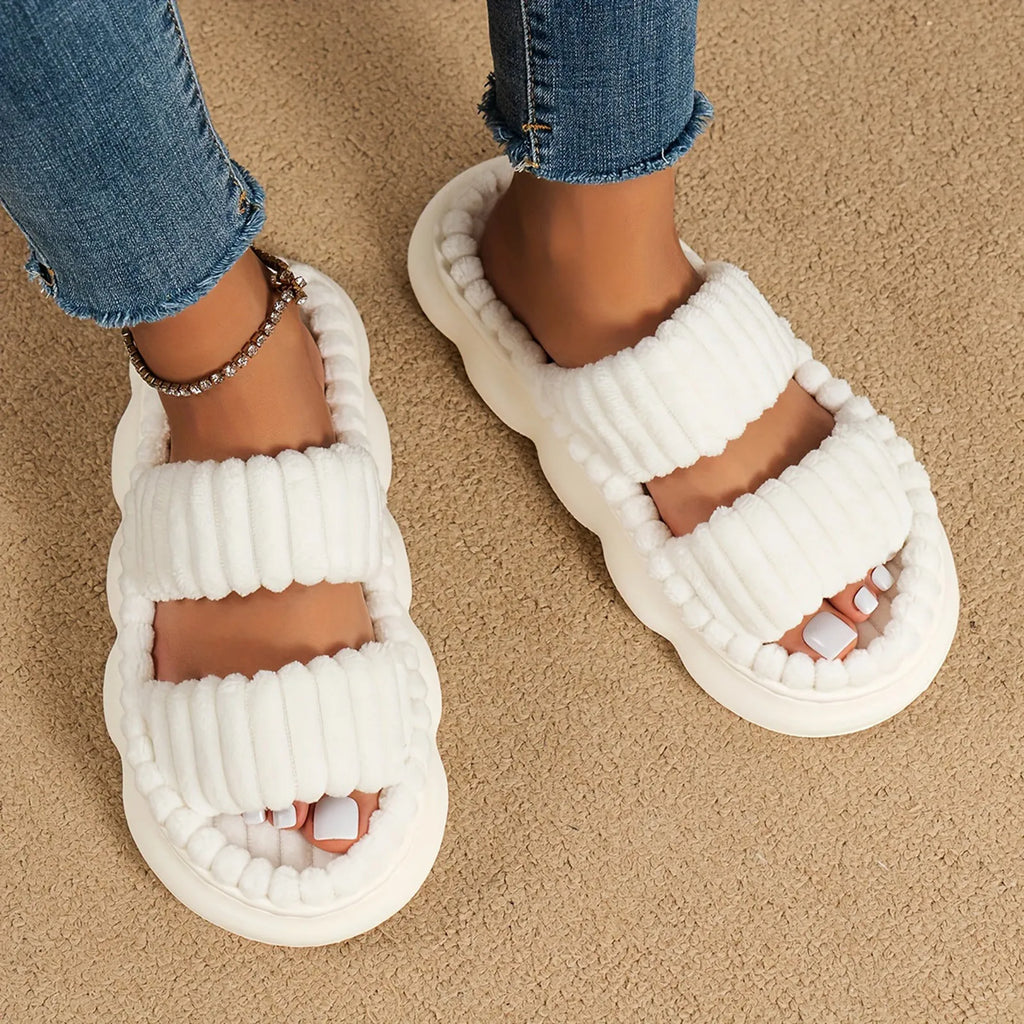 Fashion Women Winter Slipper Corduroy Double Strap House Warm Plush Flat Slippers Autumn Woman Light Comfort Indoor Slipper