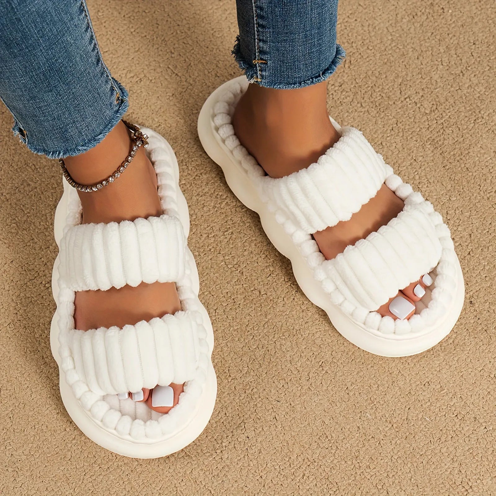 Fashion Women Winter Slipper Corduroy Double Strap House Warm Plush Flat Slippers Autumn Woman Light Comfort Indoor Slipper