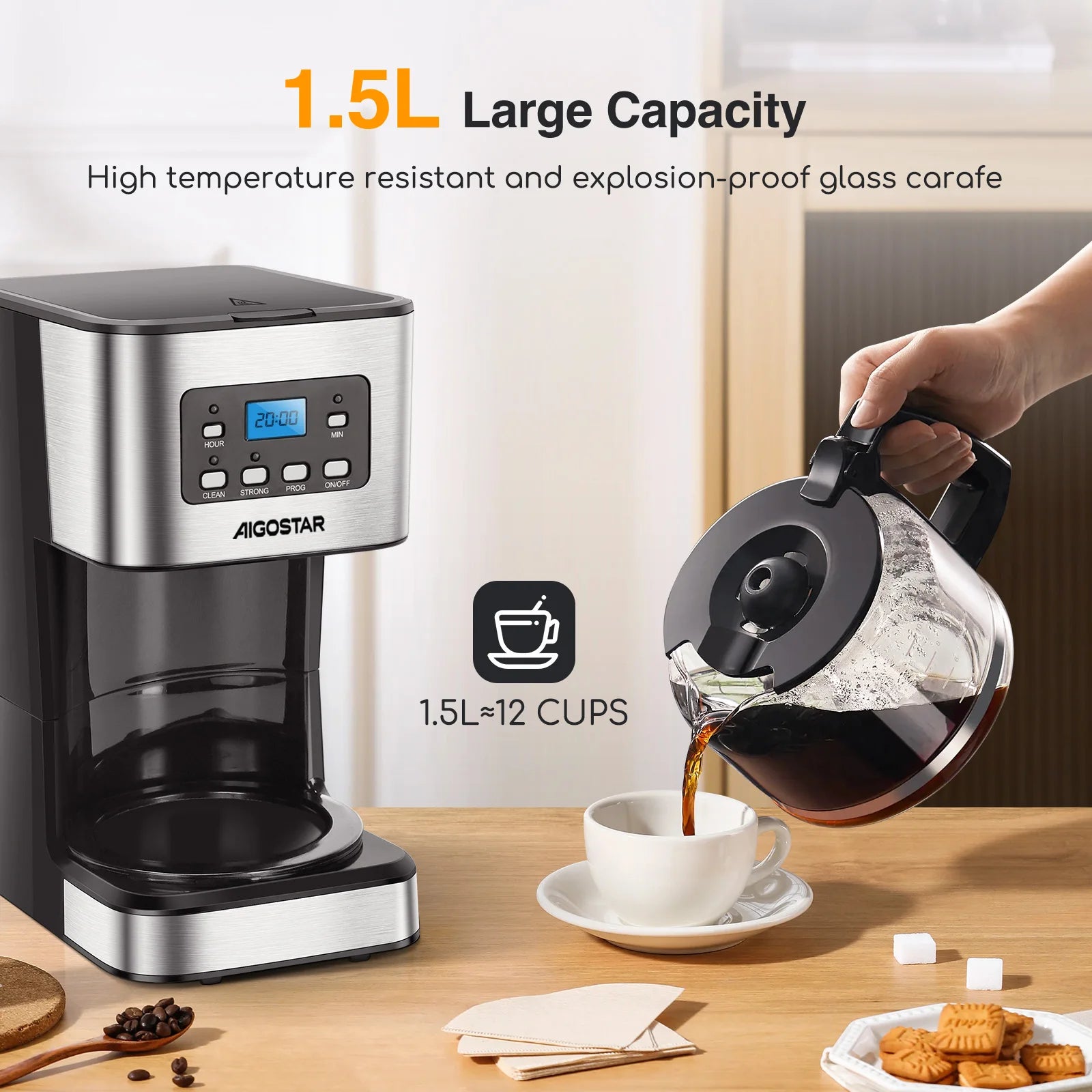 Electric Drip Coffee Maker, with Reusable Filter, Lcd Screen, 24-Hour Programmable, Self-Cleaning, 12-Cup Capacity, 950W