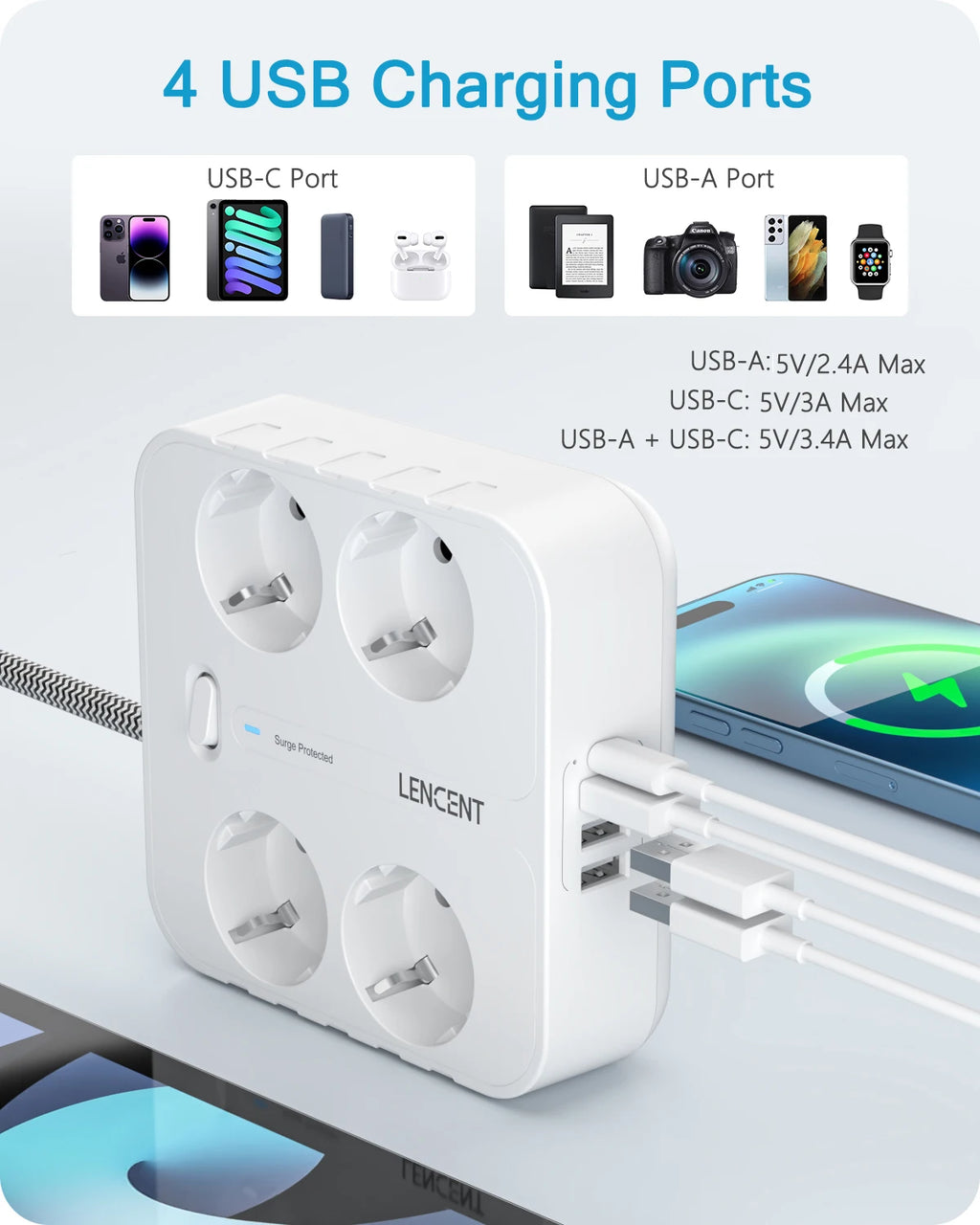 LENCENT EU Plug Power Strip  with 4 AC + 3 USB + 1 Type C 2M/3M Braided Cable 700J Surge Protection Socket with Switch for Home