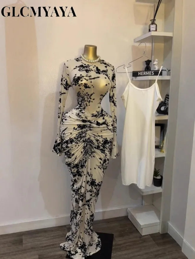 CM.YAYA 2025 Fall Women Long Sleeve Stacked Mesh See Though with Lining Bodycon Long Dress Evening Birthday Sexy Party Dresses