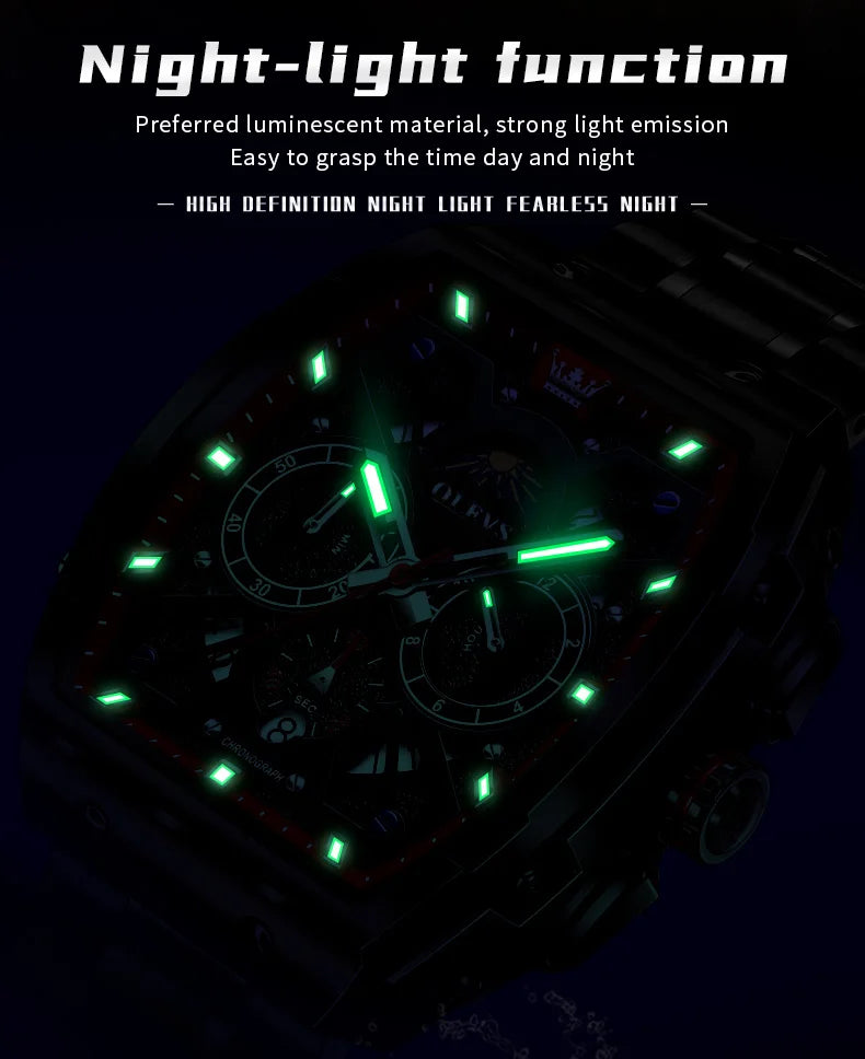 OLEVS 2942 New Mens Watch Tonneau Quartz Watch Stainless Steel Waterproof Sports Moon Phase Date Watches For Man Original Reloj