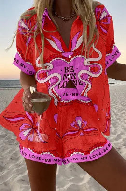 Fashion Print Beach Holiday Set For Women Summer New Short Sleeve Buttoned Shirt Wide Legs Shorts Oversized Two Piece Set