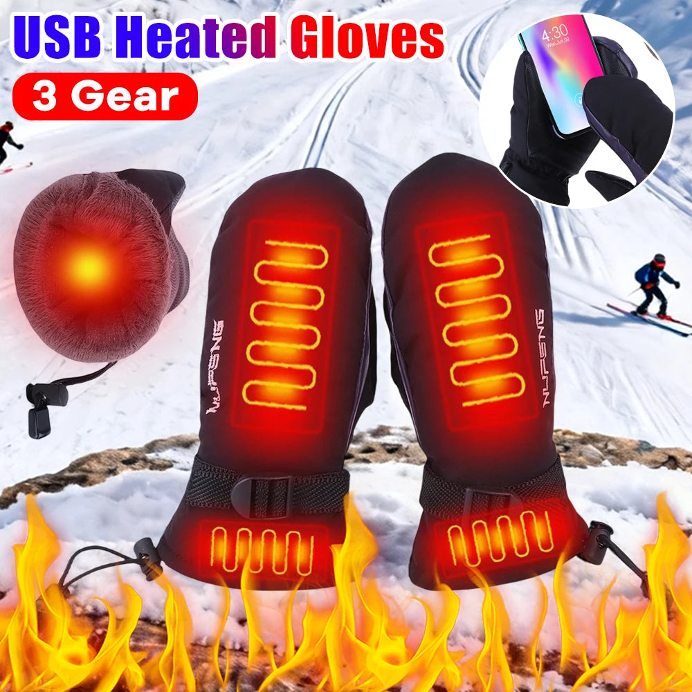 Winter Electric Heated Gloves Rechargeable USB Heating Gloves Men Women Motorcycle Gloves Skiing Cycling Excluding power bank