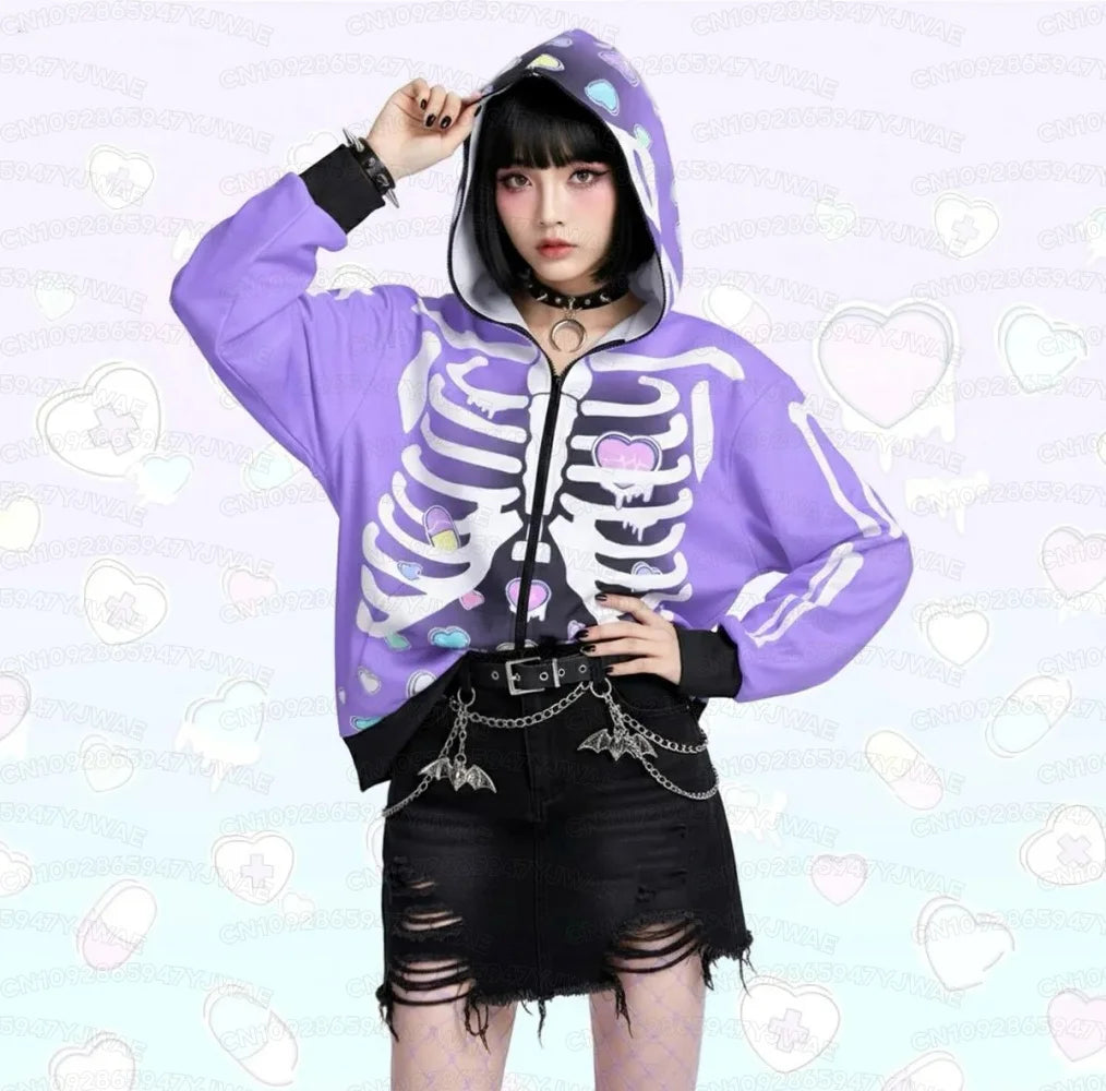 Women's Broken hearts Unisex Zipper Hoodie Rib Cage Spooky Cute Pastel Goth Menhera Halloween Creepy Cute Skeleton Hoodies