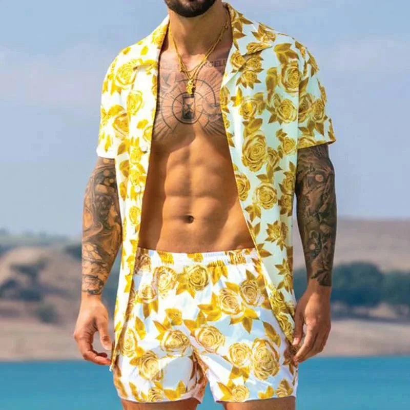 2024 Summer Men's Fashion Leopard Print Short Sleeve Shirt And Shorts Set Beach Style T Shirt Breathable Shorts Two Piece Set