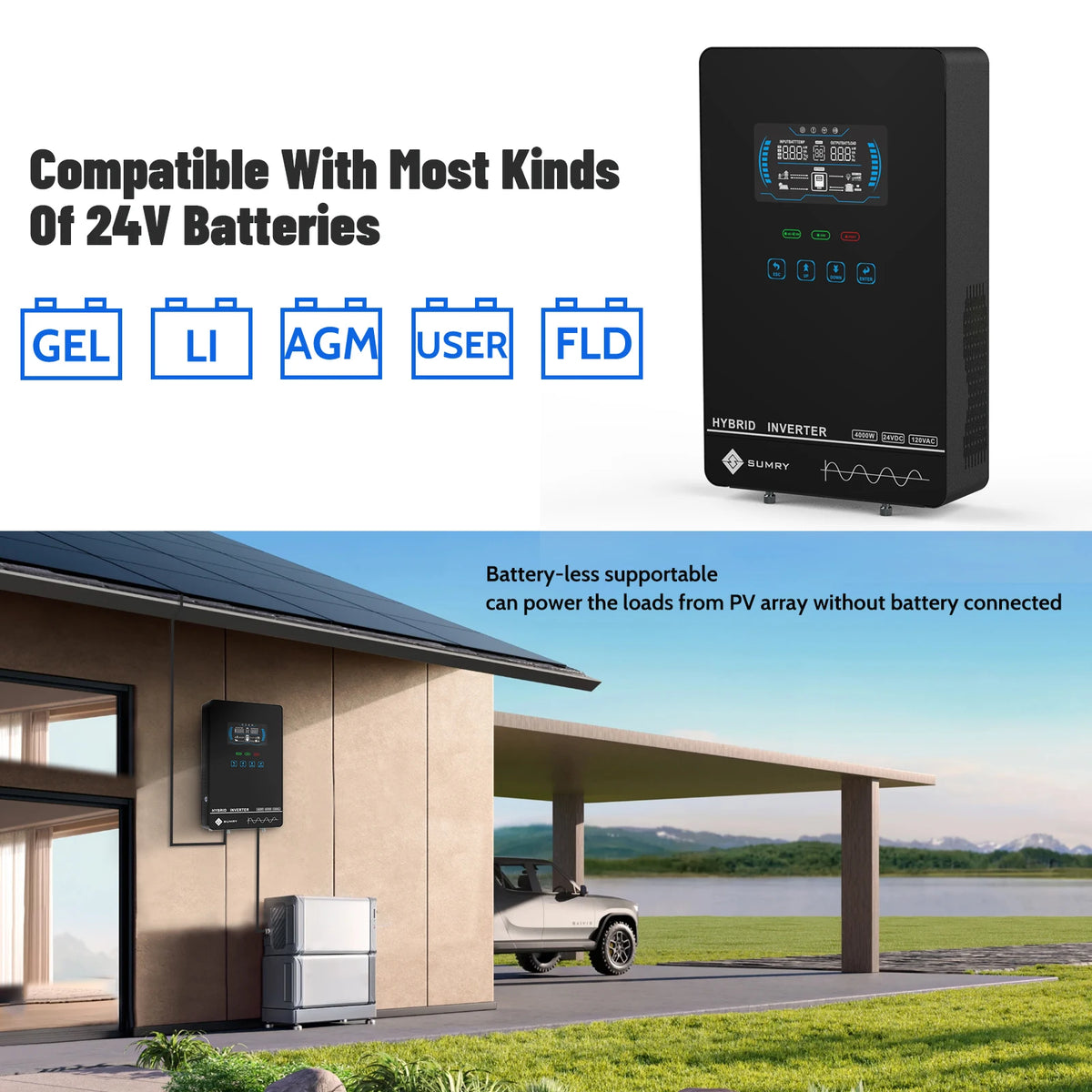 Sumry 4kw Hybrid Inverter Off Grid Pure Sine Wave Solar Inverter 24V 140A 5600W 50Hz/60Hz for 6.25 Inch LCD Display