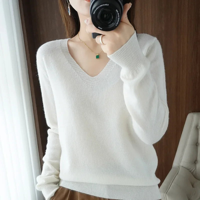 Women's Sweater 2025 Autumn Winter Knitted Pullovers V-neck Slim Fit Bottoming Shirt Solid Soft Knitwear Jumpers Basic Sweaters
