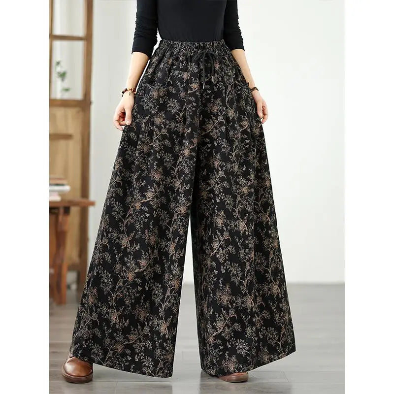 Denim Wide-leg Pants For Women 2025 Autumn New Style Printed Elastic Waist Loose Oversized Casual Denim Straight Pants