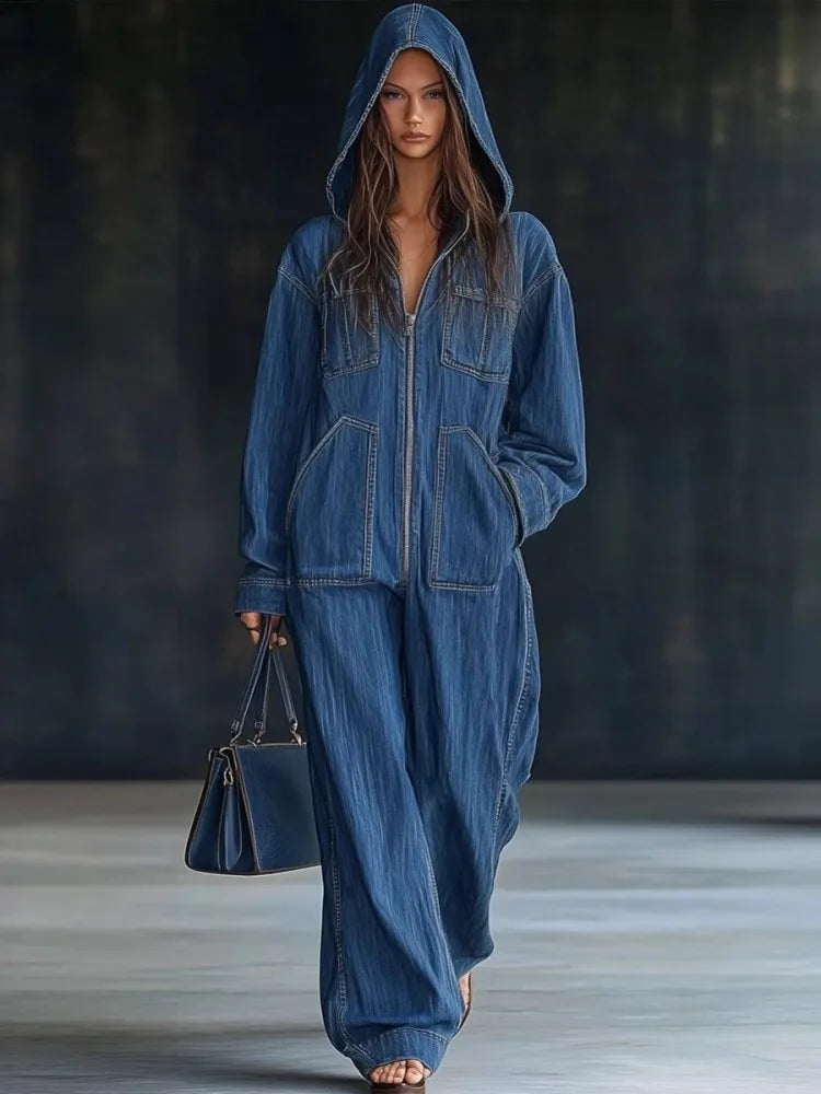 Women Denim Jumpsuits For Autumn Winter Long Sleeve Bandage Loose Fashion Streetwear Overalls Wide Leg Pants Jeans 2025