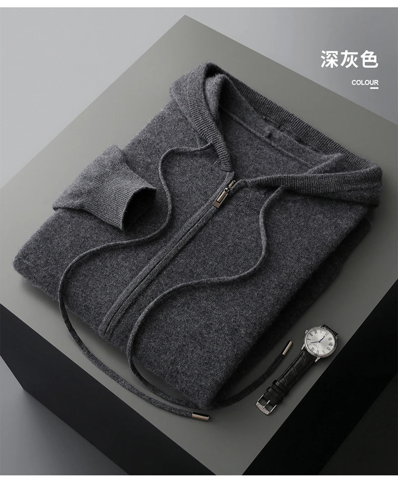 Hot Selling New Style Real Knitted Men's Cardigan Hooded Sweater Loose Full Sleeves Autumn and Winter Men's Pure Wool Sweater