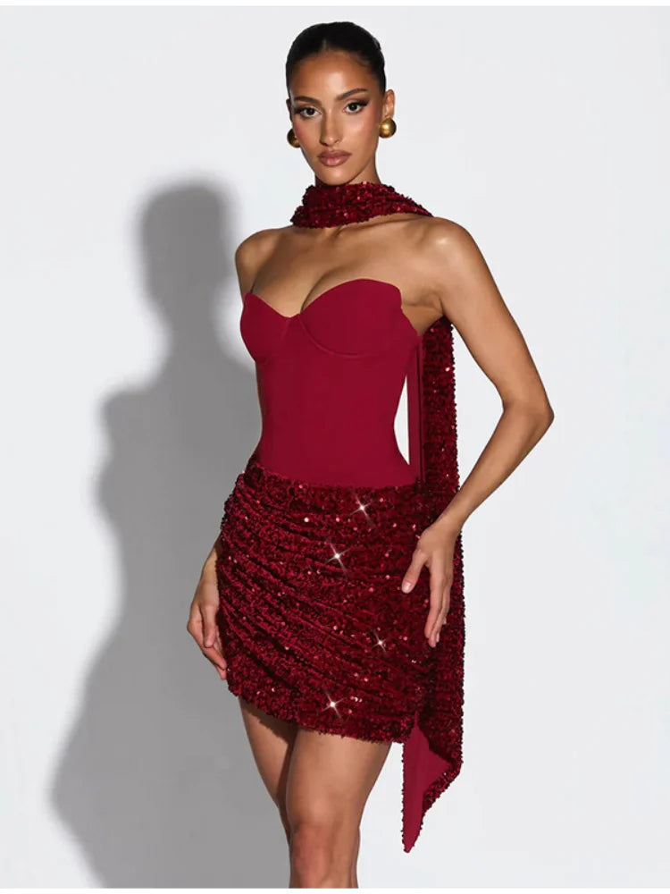 Sexy Sequin Patchwork Scarf Collar Dress Women Fashion Strapless Backless Bodycon Mini Dresses 2026 Lady Party Evening Gown
