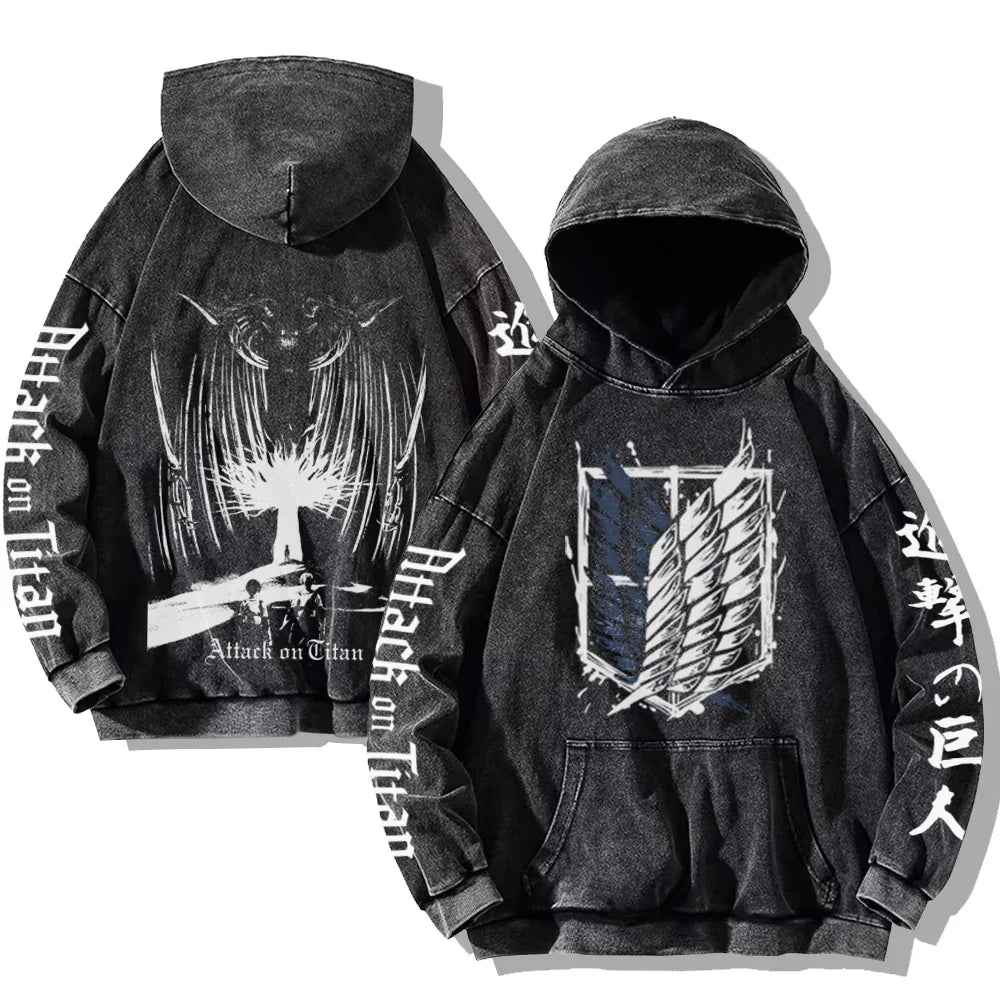 Vintage Washed Men's Hoodies Shield Print Hooded Sweatshirt Hip Hop Streetwear Y2K Hooded Pullover Y2K Loose Casual Tops